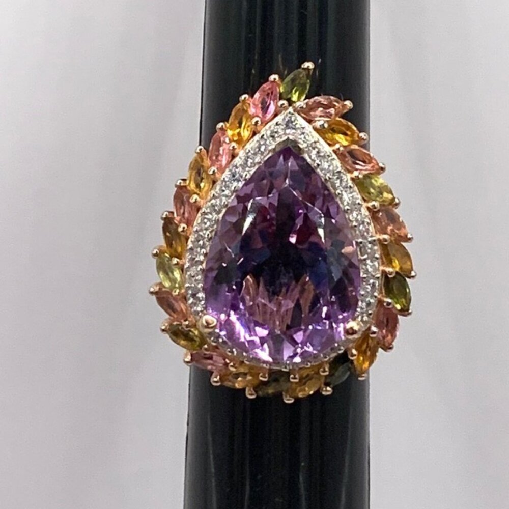 Amethyst Zircon, Tourmaline 18K Rose Gold 925 D' Joy Halo Ring  Sz 5 J877